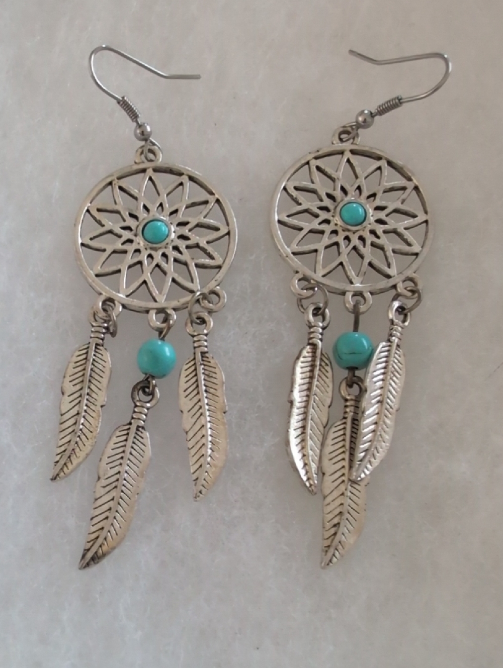Vtg Silver Dreamcatcher Dangle Earrings - Turquoise Bead & Feather Detail